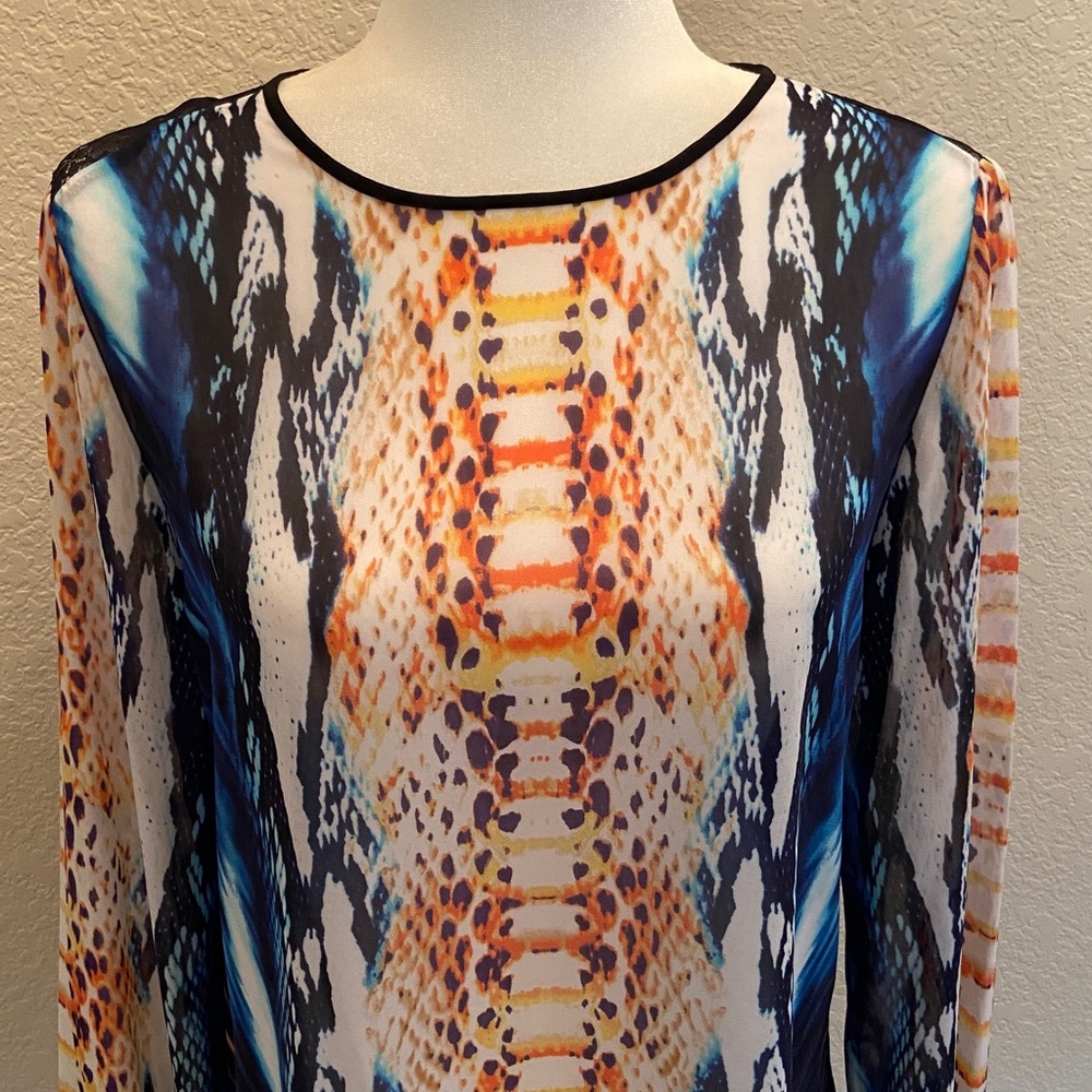 Philosophy Blouse in Vibrant Color Snake Print, accented with Black Lace on back - Picture 1 of 11